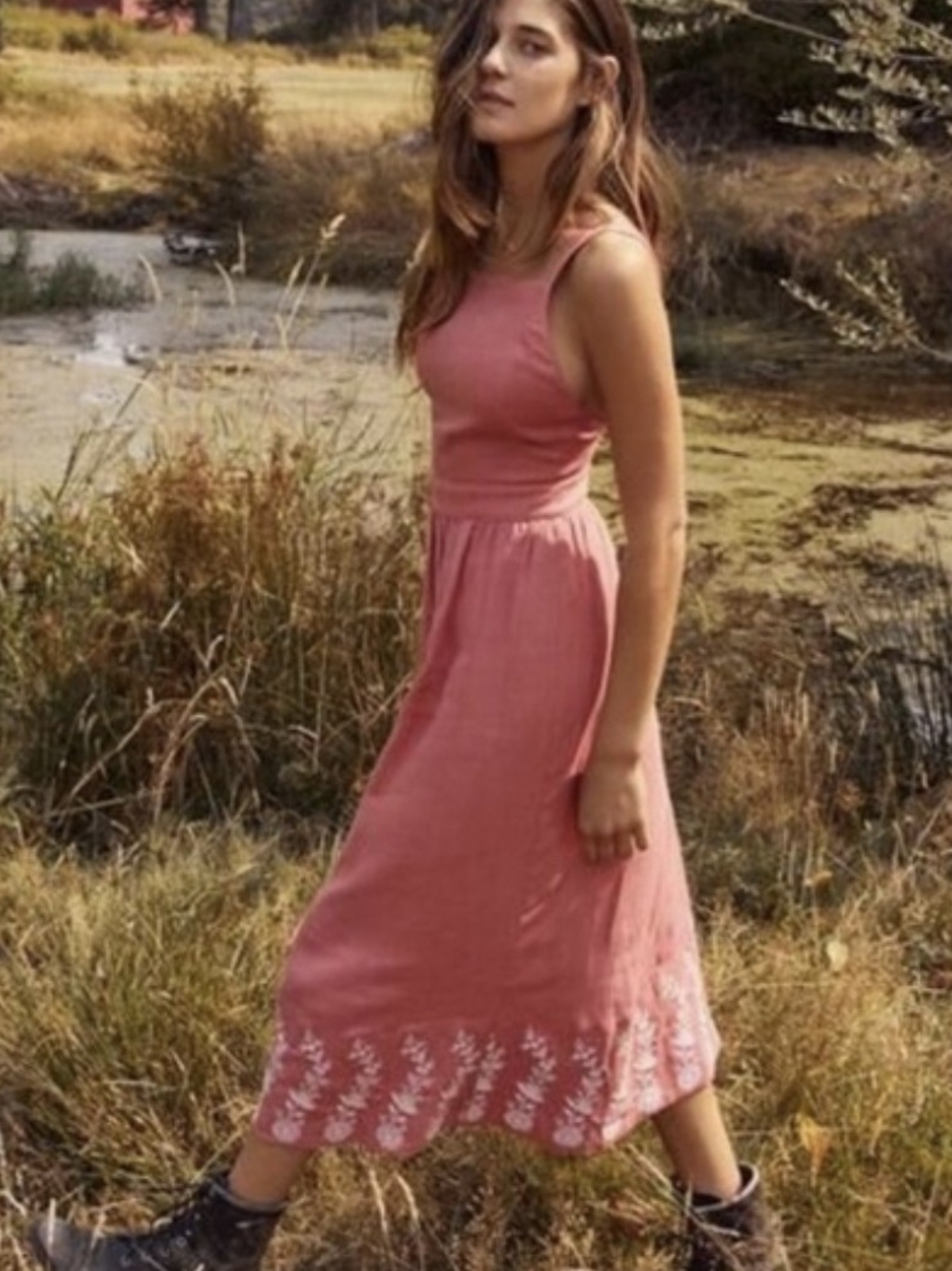 Christy Dawn Sleeveless Pink Midi Dress with Embroidered Hem